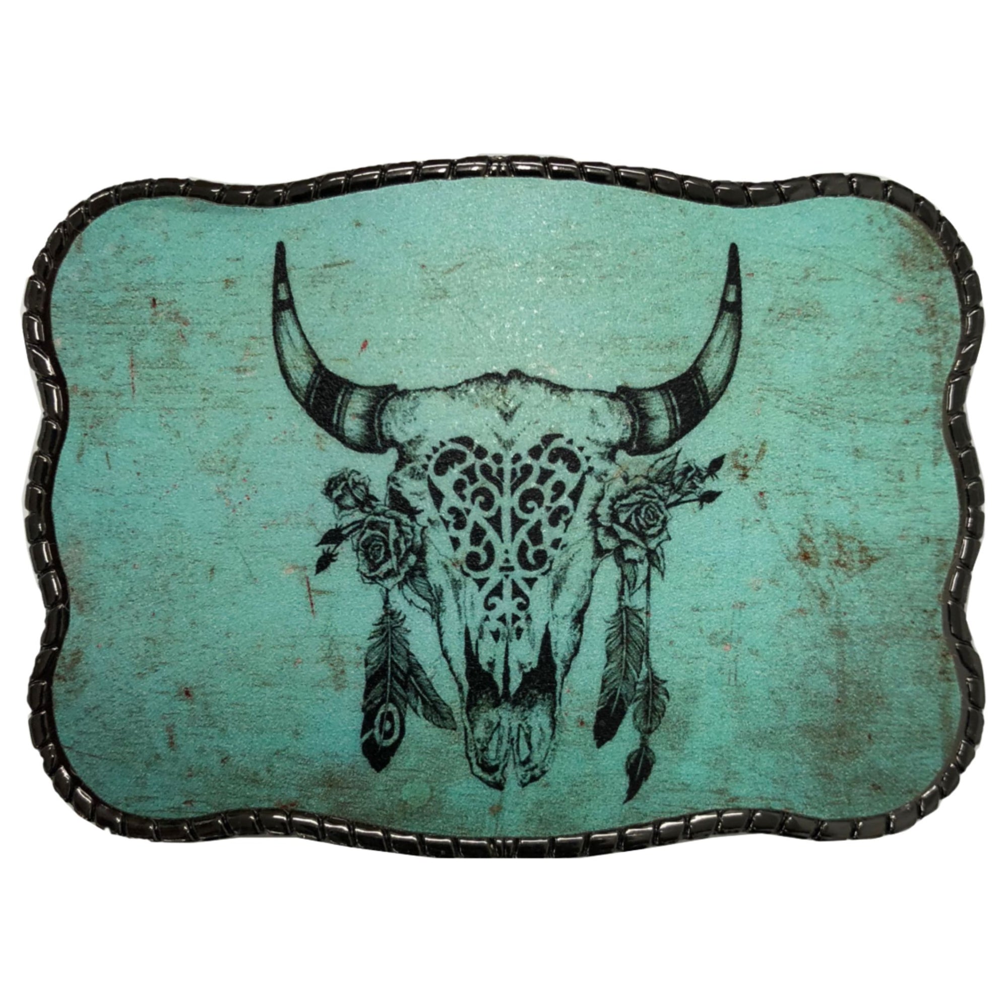 Turquoise Cow Skull with Feathers