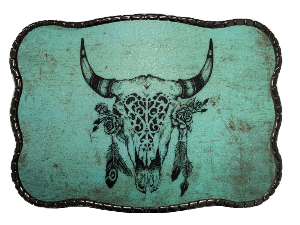 Turquoise Cow Skull with Feathers