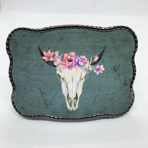 Pink Floral Cow Skull on Turquoise