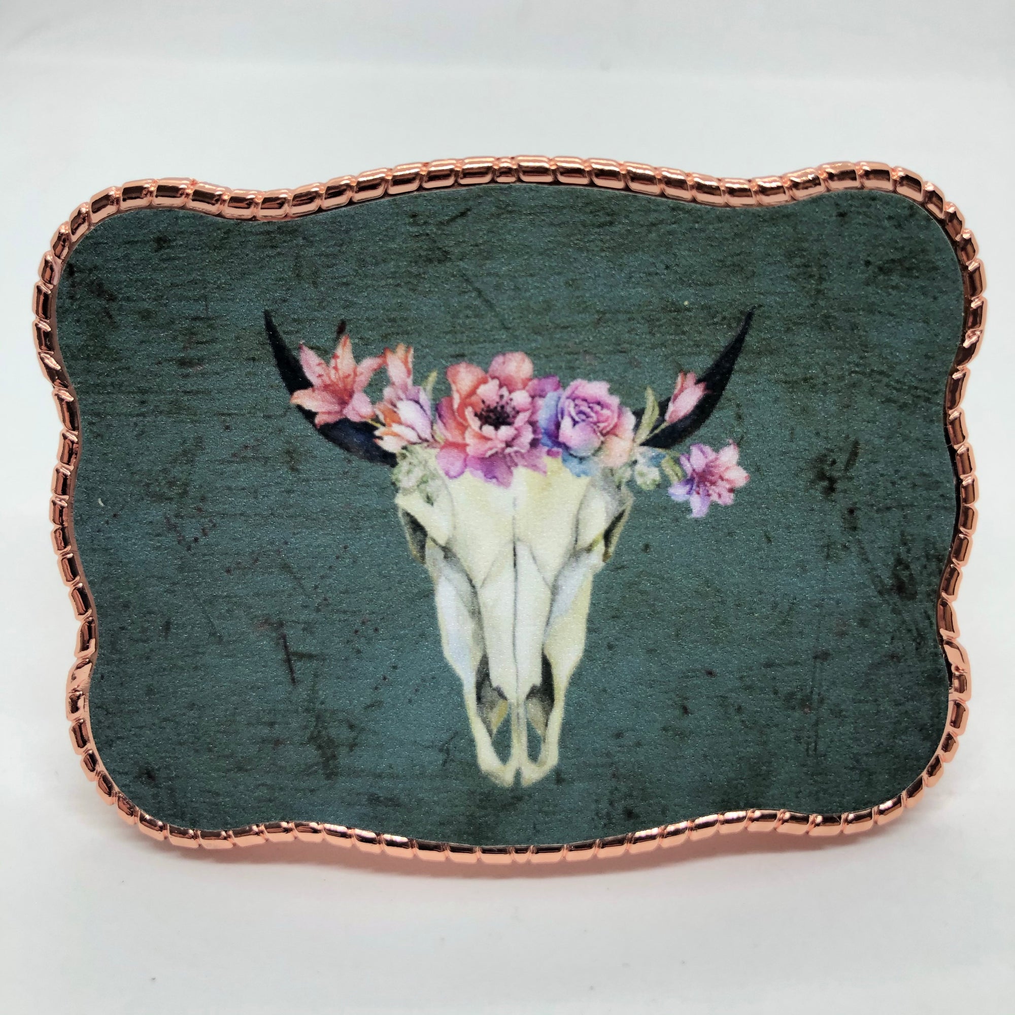 Pink Floral Cow Skull on Turquoise