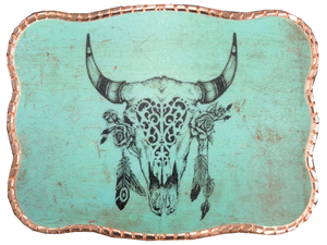 Turquoise Cow Skull with Feathers